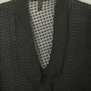 Sheer Black V-neck Blouse w/ Burnt Velvet Polka Dots, Neck Tie & Handerchief Hem